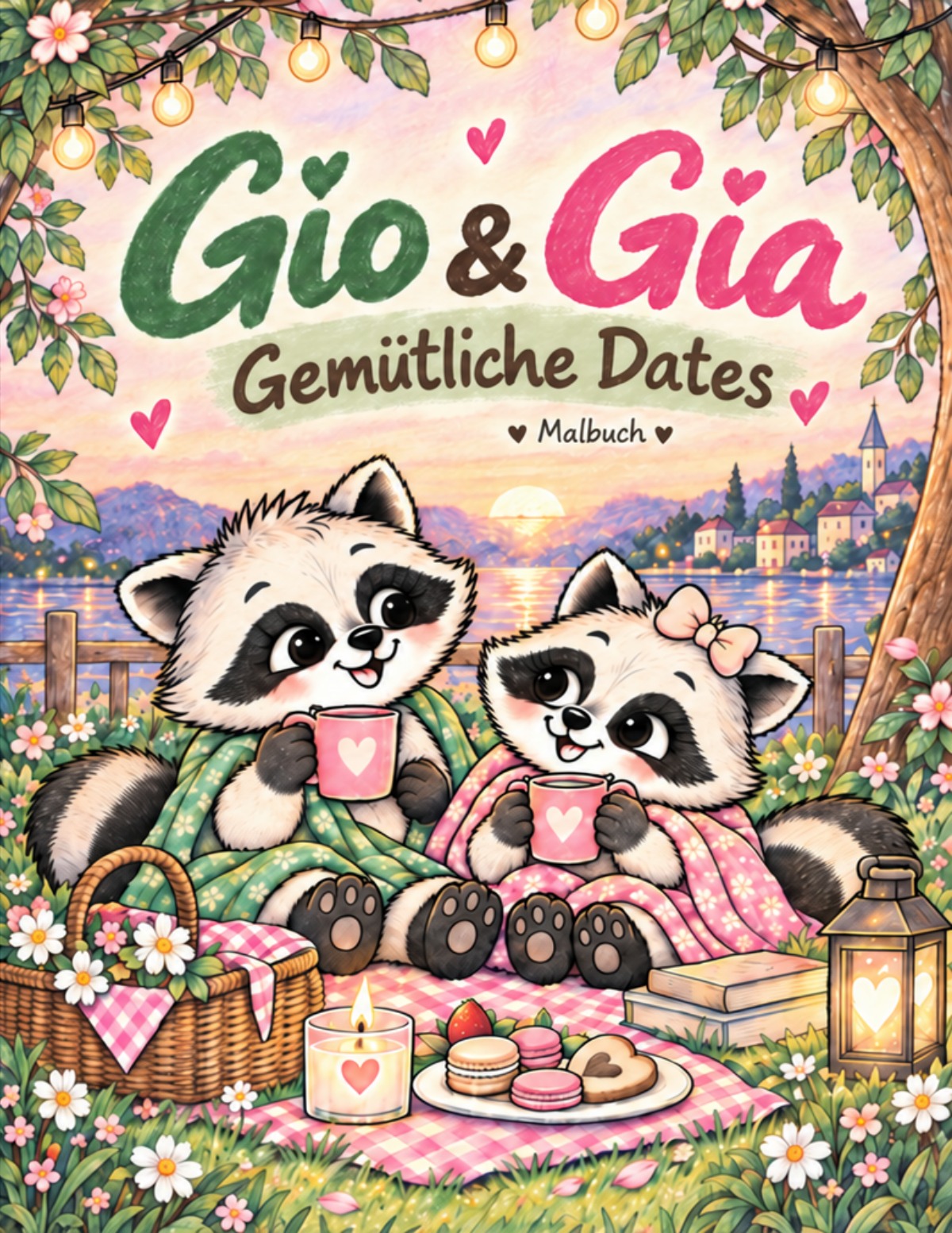 Originalcover: Gio und Gia – Gemütliche Dates von Aiko Herz; zwei kleine Waschbären mit Herztassen beim Picknick am See im Sonnenuntergang