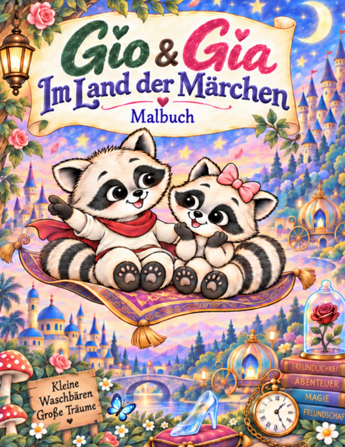 Gio und Gia – Im Land der Märchen: zwei kleine Waschbären auf einem fliegenden Teppich vor Schlössern und einem Sternenhimmel