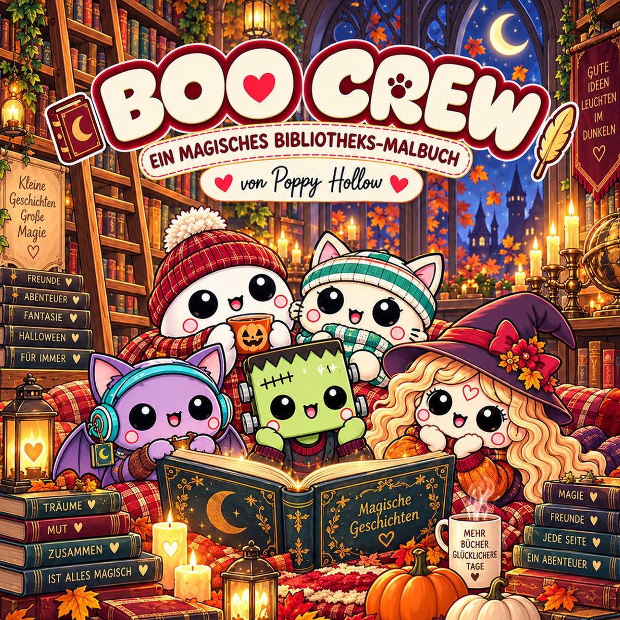Originalcover: Boo Crew – Ein magisches Bibliotheks-Malbuch von Poppy Hollow; fünf Figuren lesen in einer nächtlichen Bibliothek