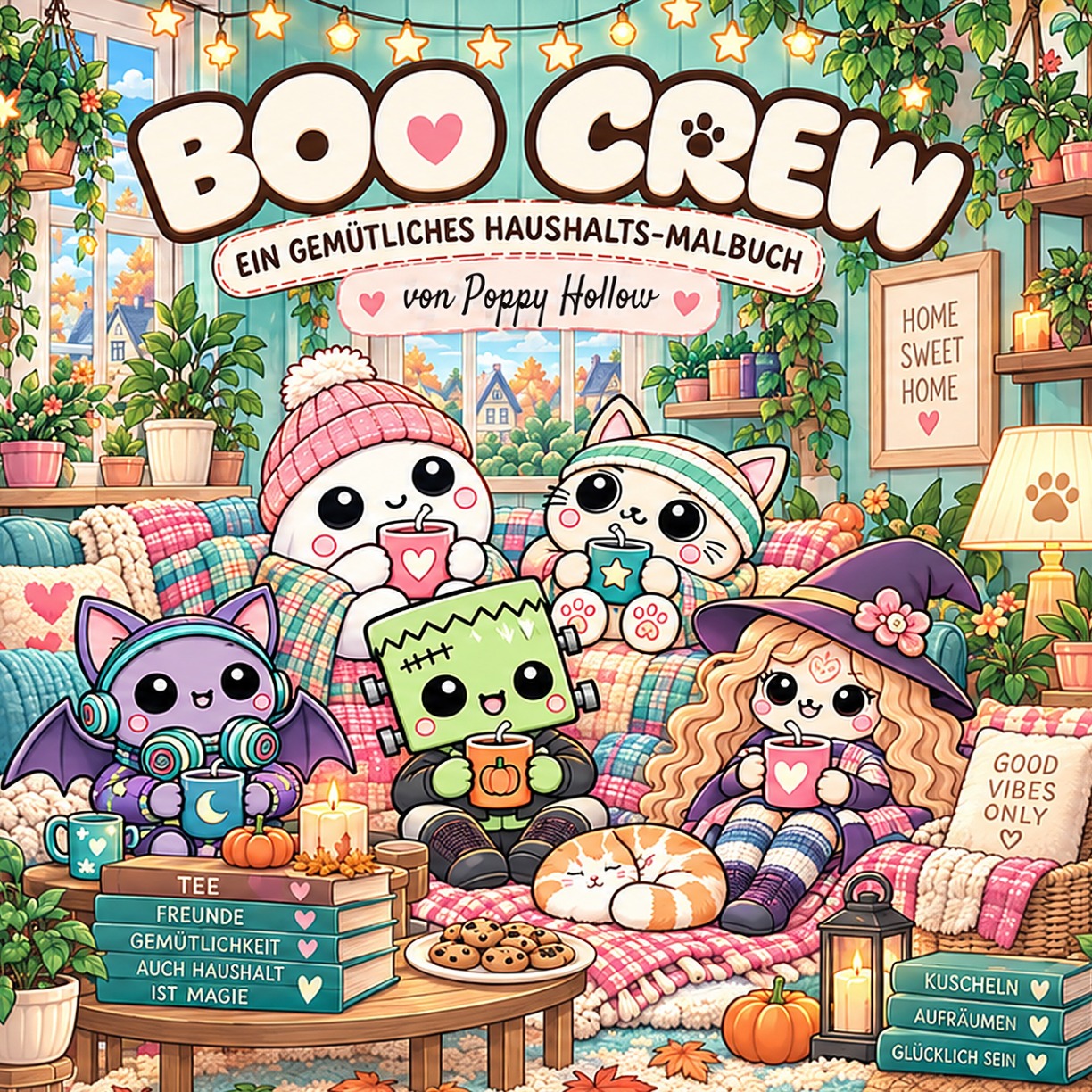 Boo Crew – Ein gemütliches Haushalts-Malbuch von Poppy Hollow: die Freunde in einem gemütlichen Wohnzimmer