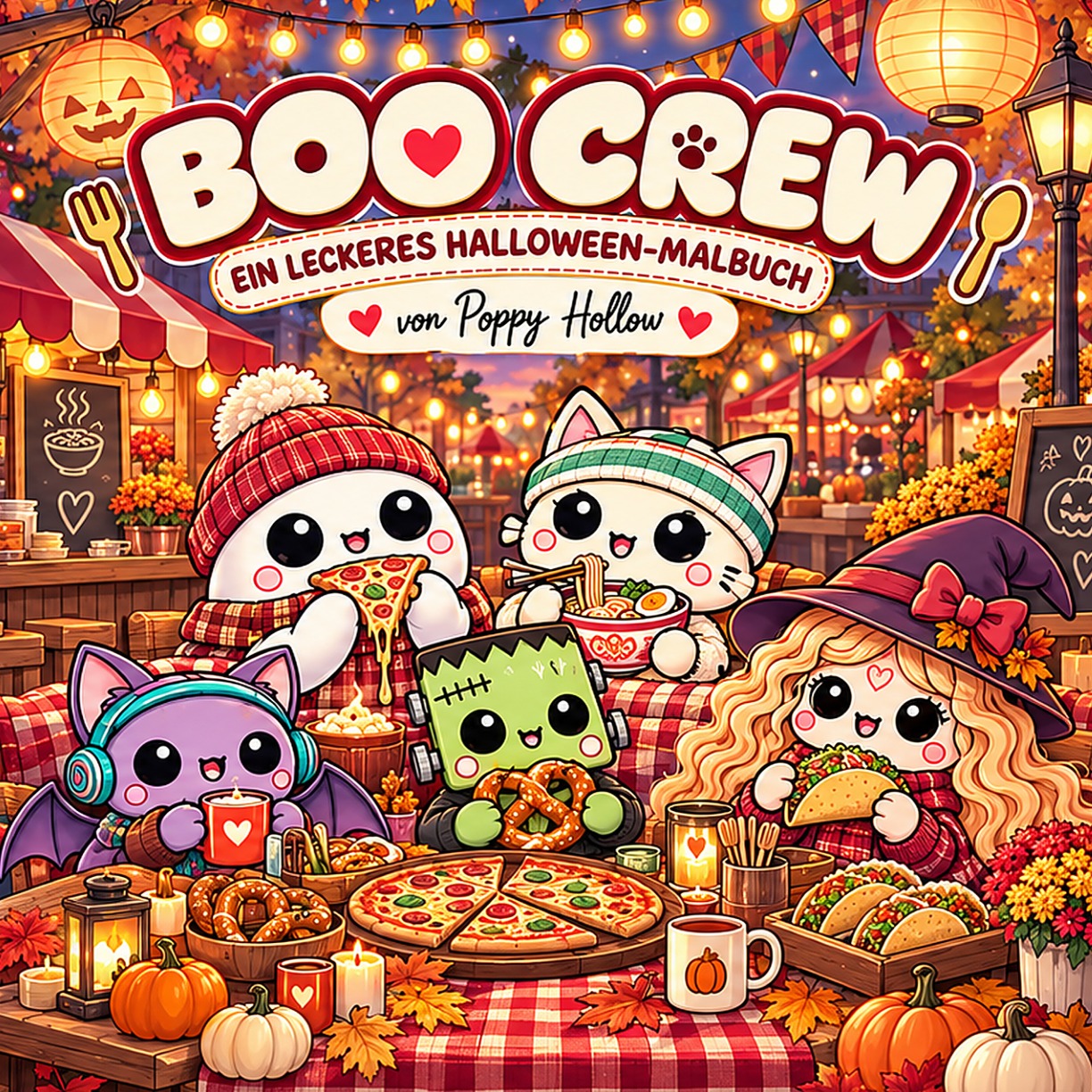 Boo Crew – Ein leckeres Halloween-Malbuch von Poppy Hollow: die Freunde mit Pizza, Gebäck und Heißgetränken