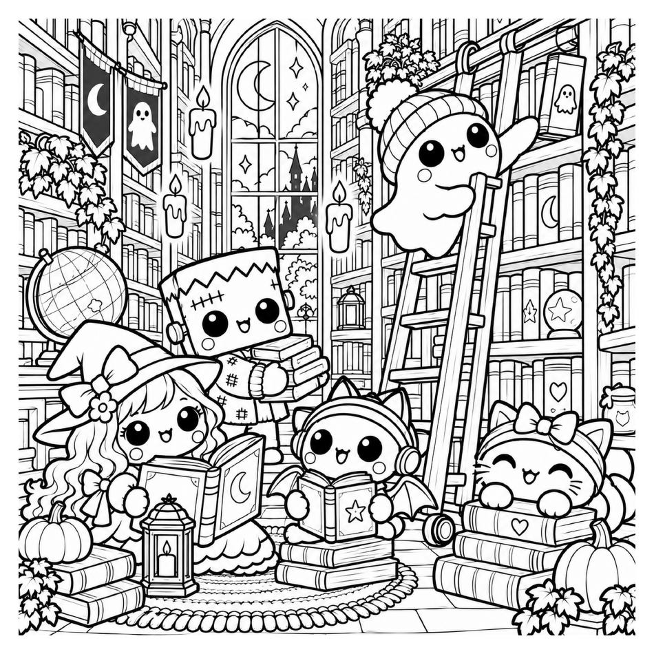 Schwarz-weiße Malbuchseite: Boo Crew Figuren lesen zwischen hohen Bücherregalen