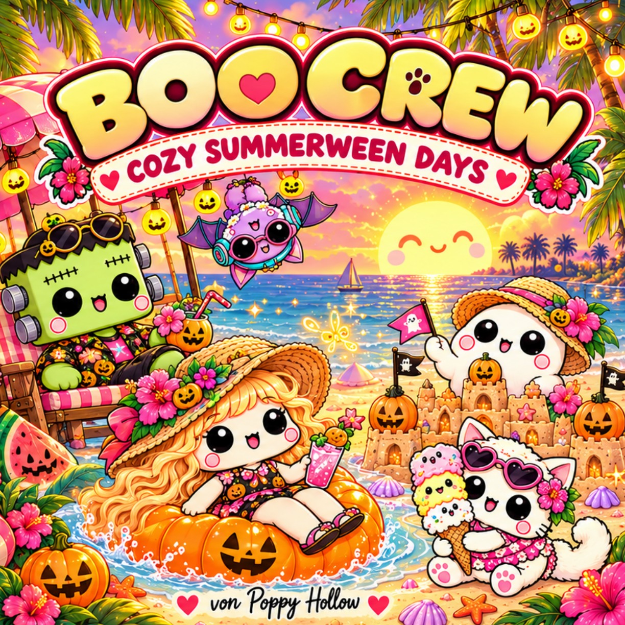 Boo Crew – Cozy Summerween Days von Poppy Hollow: die Freunde am Strand zwischen Palmen und Kürbissen