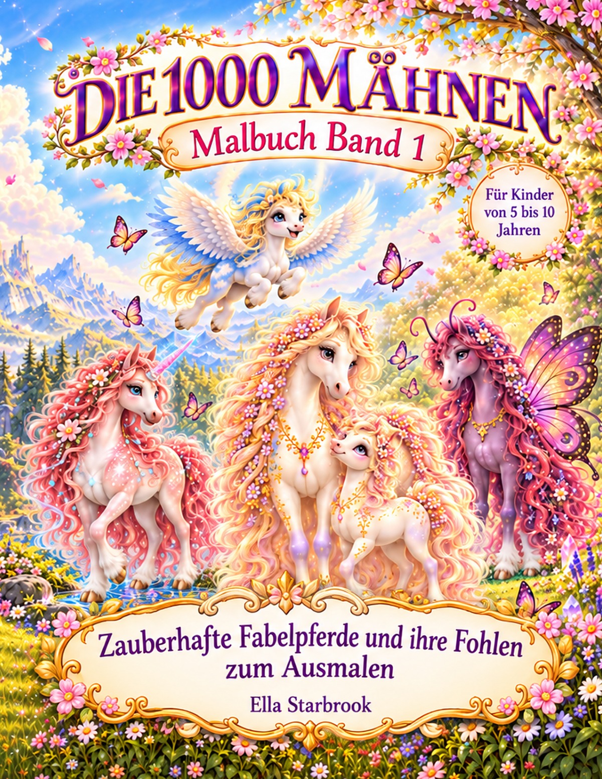 Originalcover: Die 1000 Mähnen – Malbuch Band 1 von Ella Starbrook; Fabelpferde und ein Fohlen mit Blütenmähnen und Flügeln vor einer Berglandschaft