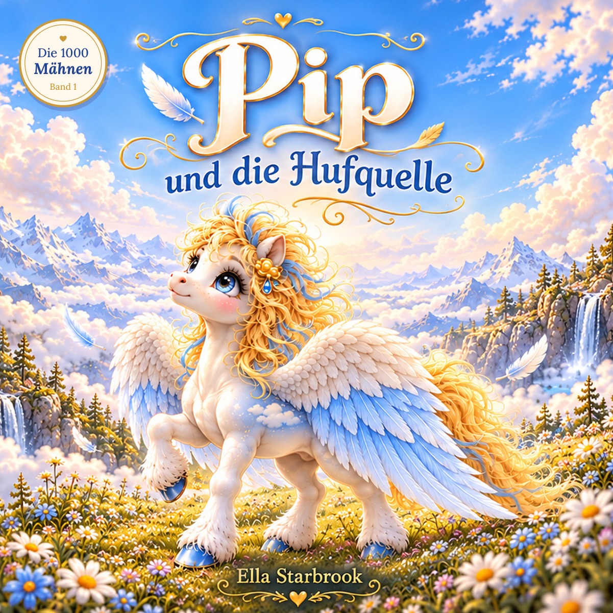 Originalcover: Pip und die Hufquelle von Ella Starbrook; ein weißes Fohlen mit goldener Mähne und großen weiß-blauen Flügeln auf einer Blumenwiese über den Wolken