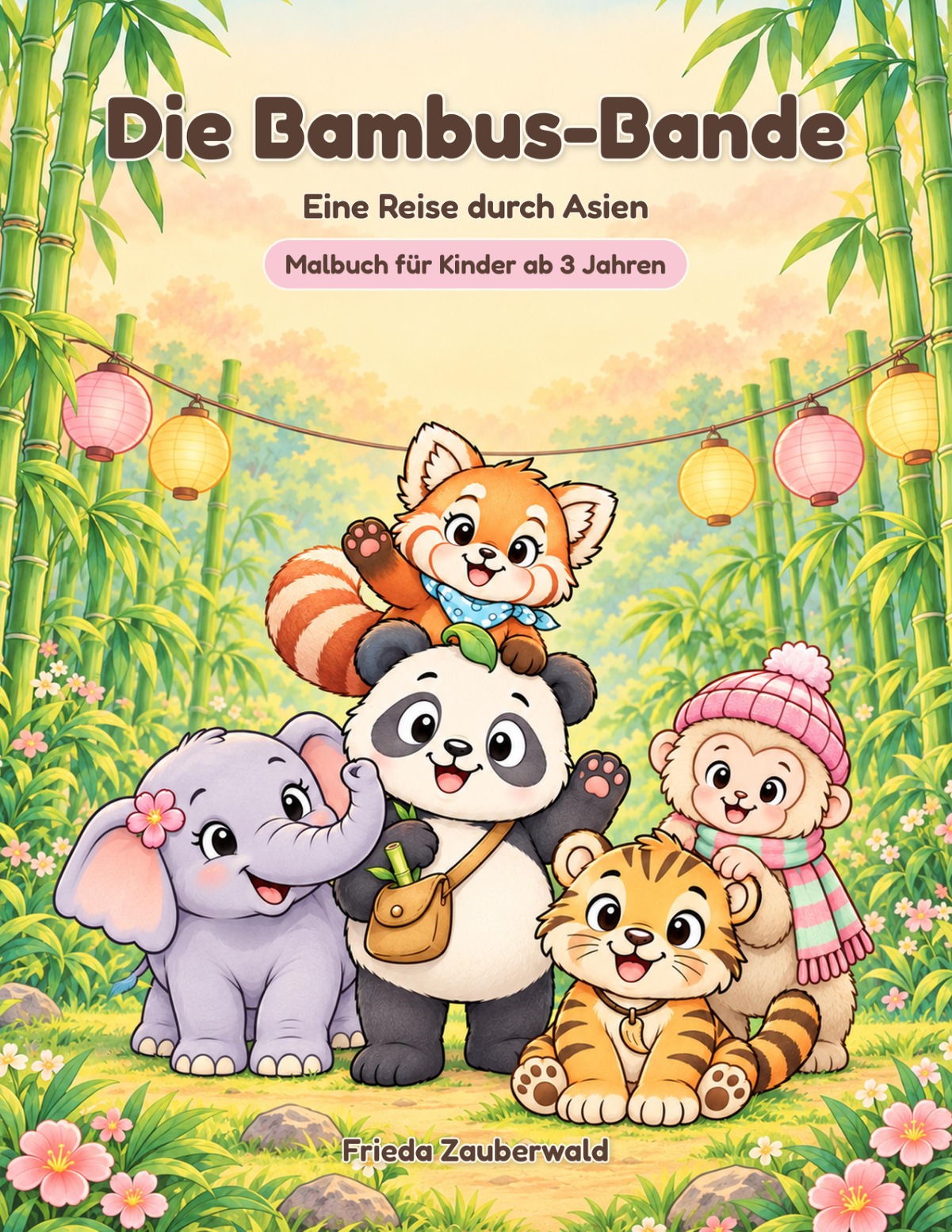 Originalcover: Die Bambus-Bande – Eine Reise durch Asien von Frieda Zauberwald; Panda, roter Panda, Elefant, Tiger und Affe zwischen Bambus und bunten Laternen