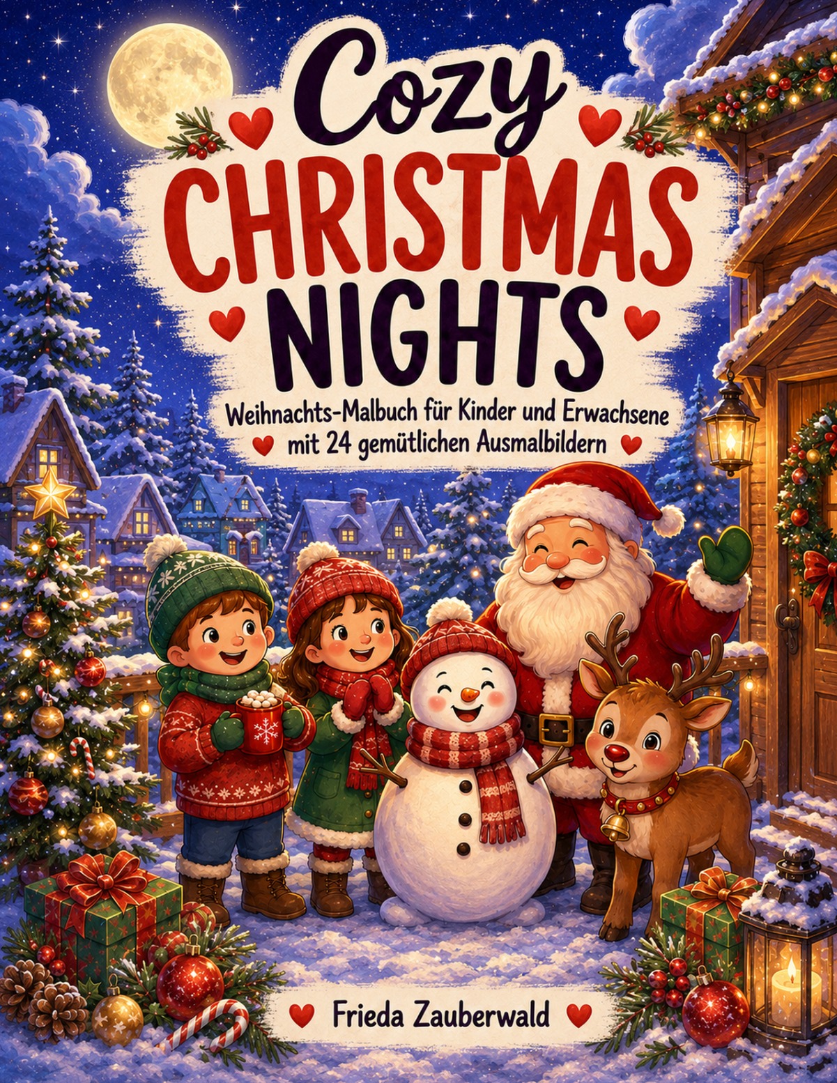Cozy Christmas Nights von Frieda Zauberwald: Kinder, Weihnachtsmann, Schneemann und Rentier in einem verschneiten Dorf