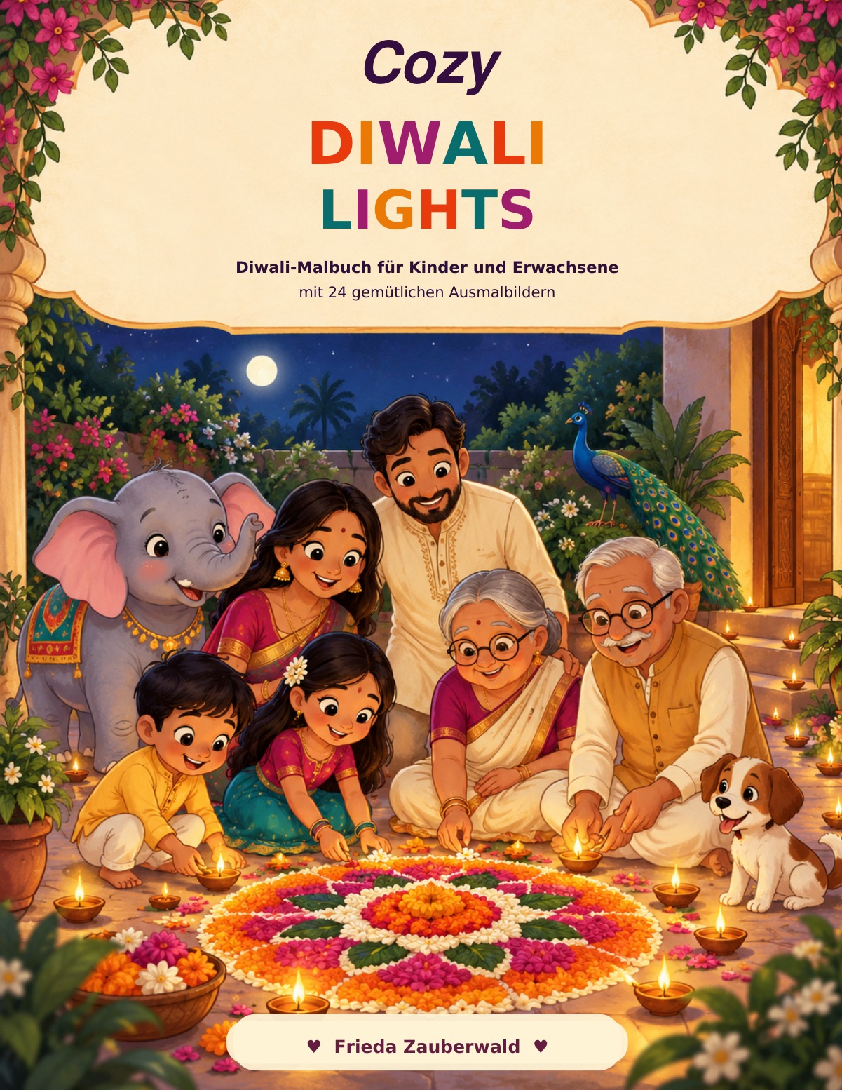 Cozy Diwali Lights von Frieda Zauberwald: eine Familie mit Diyas und einem farbenfrohen Rangoli, dazu Elefant und Pfau