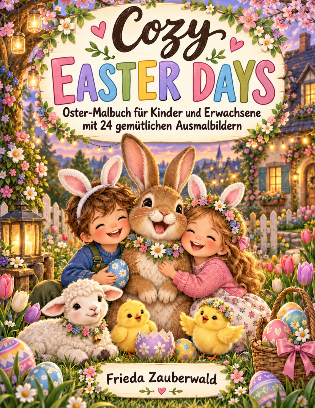 Cozy Easter Days von Frieda Zauberwald: Kinder und Osterhase mit bunten Eiern, Frühlingsblumen und kleinen Tieren