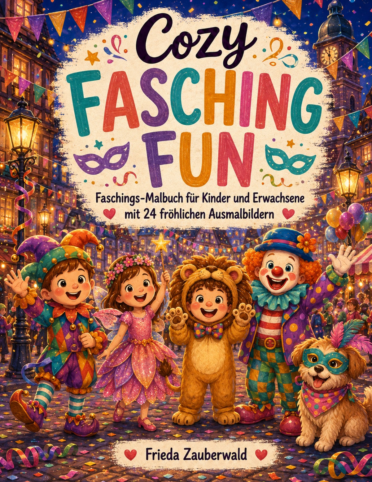 Cozy Fasching Fun von Frieda Zauberwald: verkleidete Kinder und ein Clown zwischen Konfetti und bunten Wimpeln