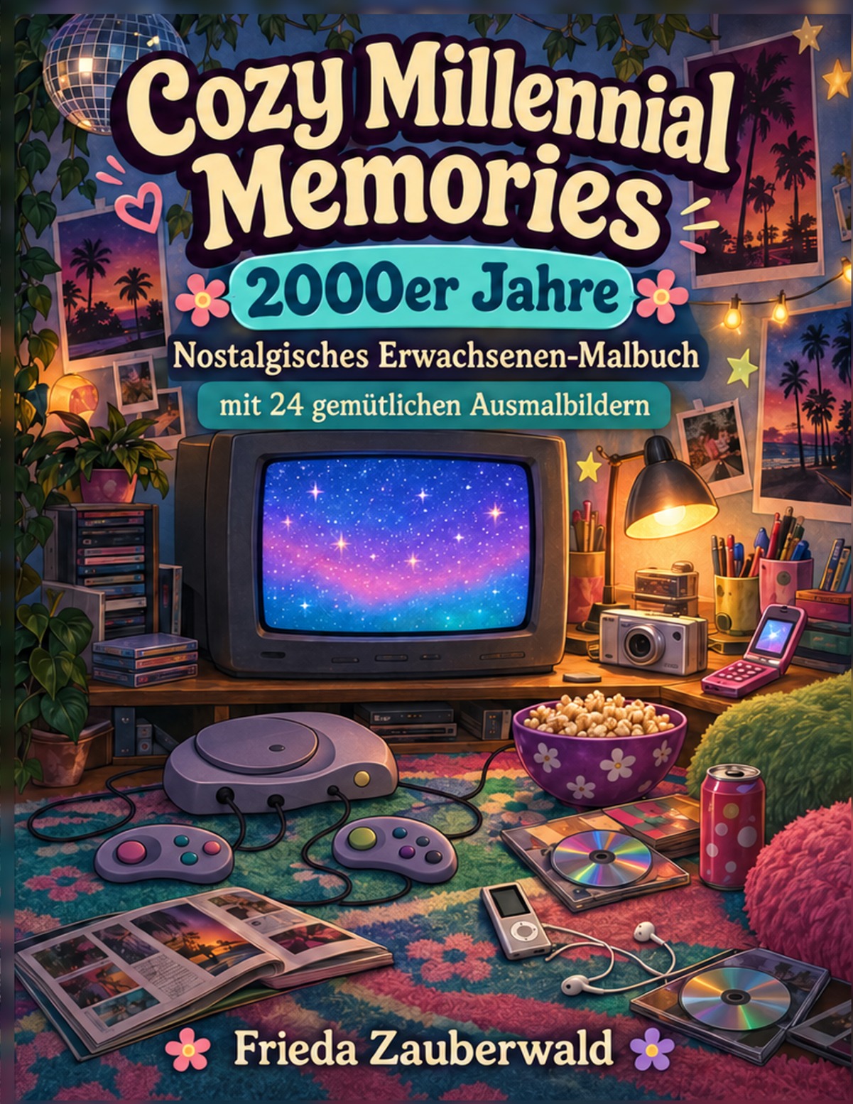 Cozy Millennial Memories – 2000er Jahre von Frieda Zauberwald: Zimmer mit CDs, tragbarem CD-Player, Digitalkamera und Spielkonsole