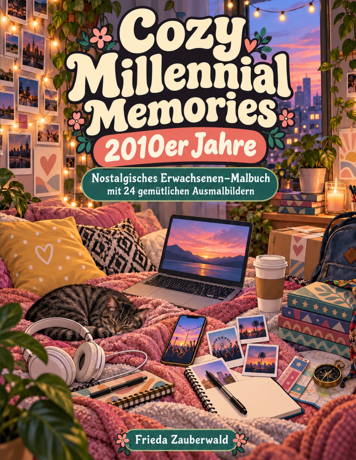 Cozy Millennial Memories – 2010er Jahre von Frieda Zauberwald: gemütliche Sofaecke mit Laptop, Smartphone, Kopfhörern und Fotos