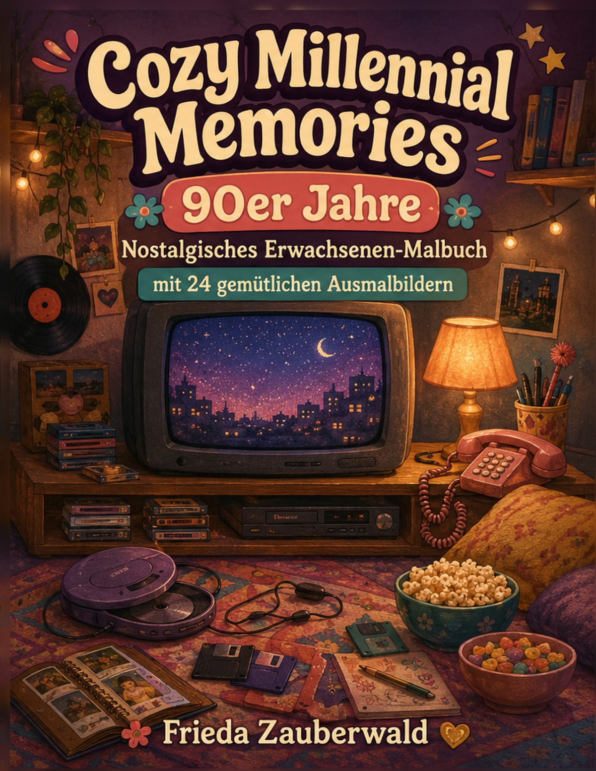 Originalcover: Cozy Millennial Memories – 90er Jahre von Frieda Zauberwald; gemütliches Zimmer mit Röhrenfernseher, Kassetten, Schallplatten und Popcorn