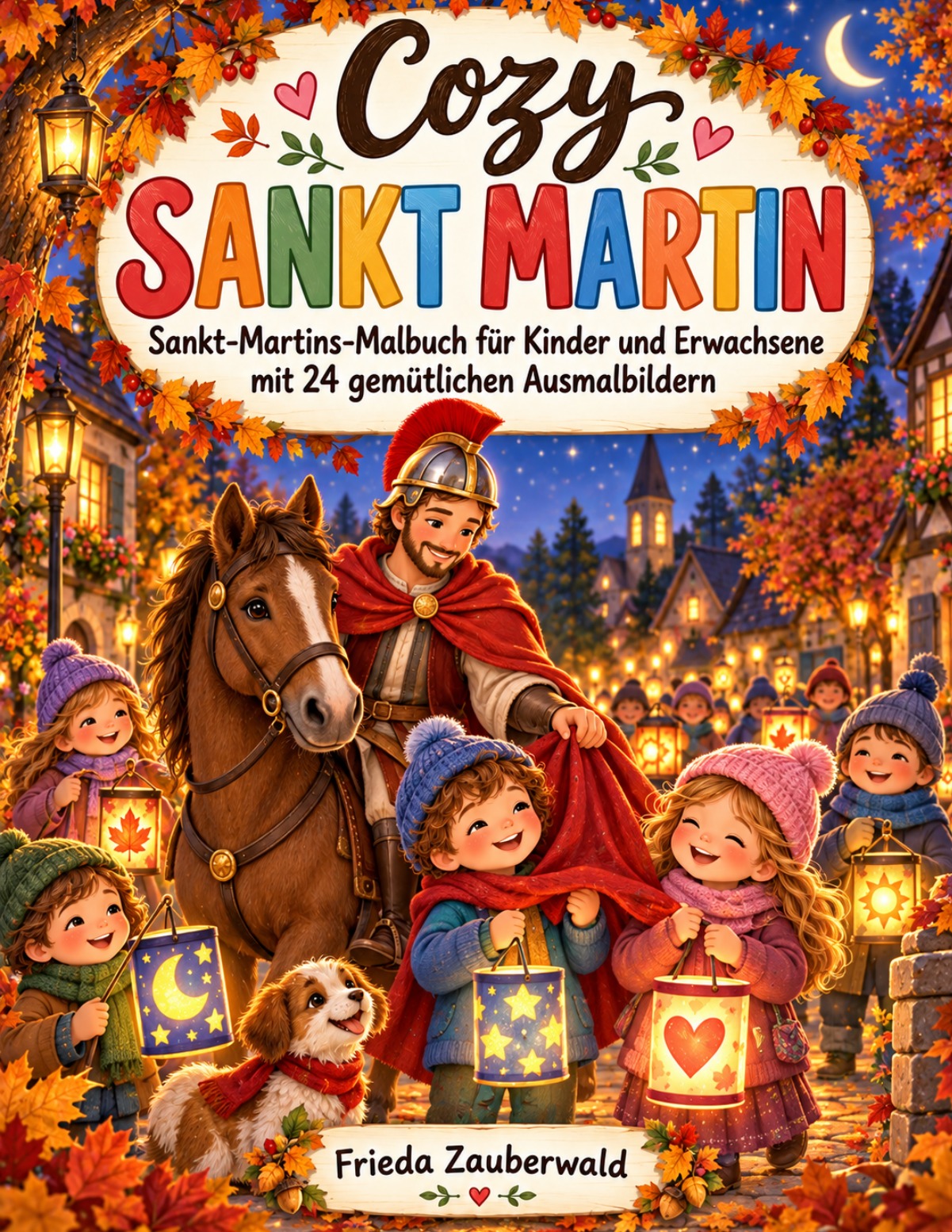 Originalcover: Cozy Sankt Martin von Frieda Zauberwald; Sankt Martin auf seinem Pferd, Kinder mit Laternen und goldenes Herbstlaub