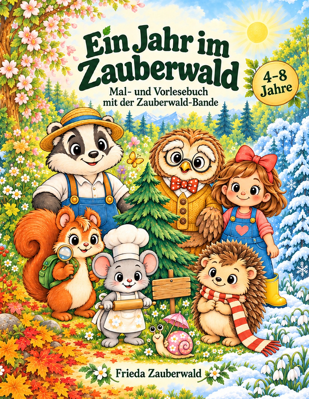 Originalcover: Ein Jahr im Zauberwald von Frieda Zauberwald; die Zauberwald-Bande mit Bäumchen zwischen Frühlingsblüten, Herbstlaub und Schnee