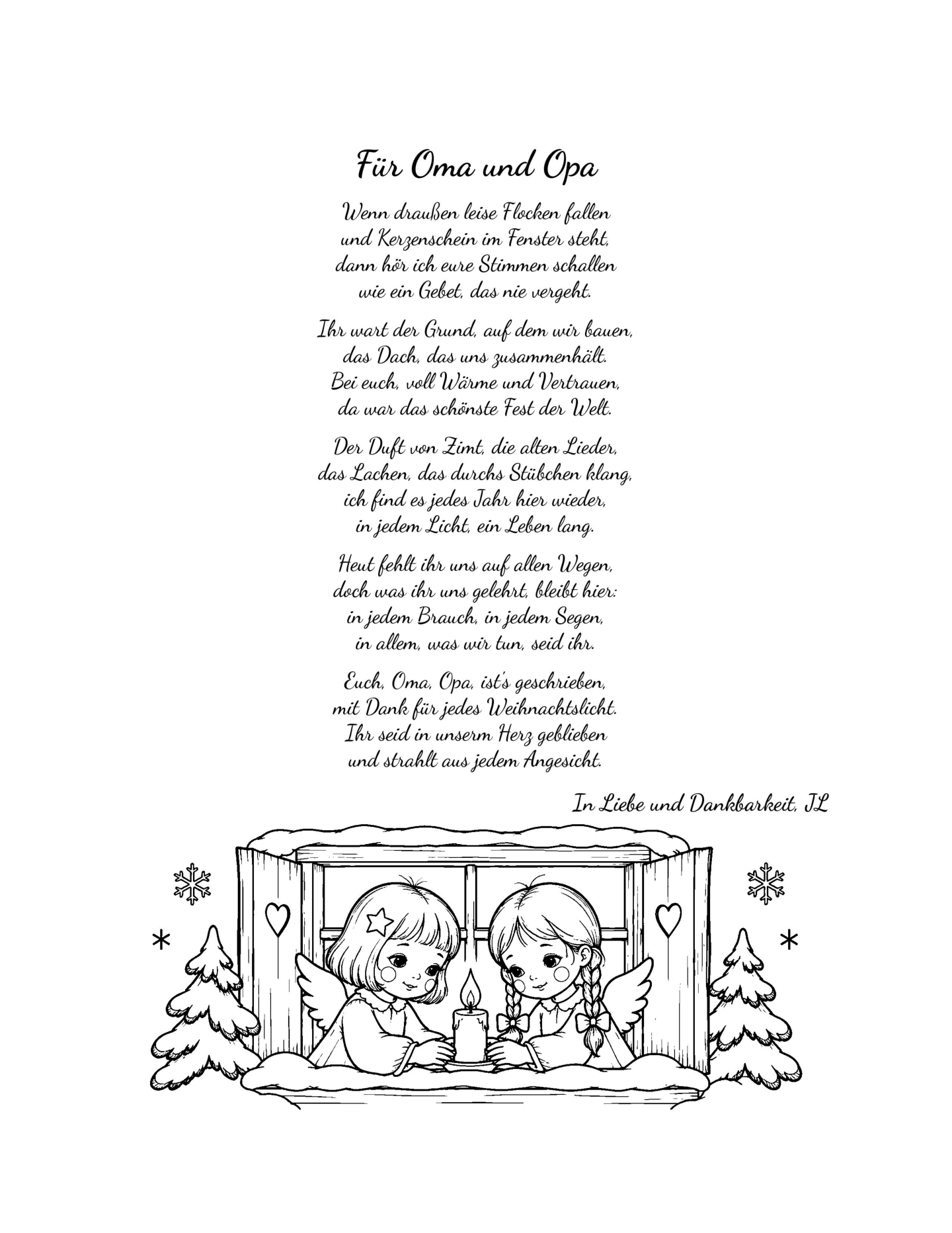 Original-Widmungsseite Für Oma und Opa: ein Gedicht über Erinnerung, Liebe und Dankbarkeit; darunter zwei kleine Engel mit einer Kerze am Fenster