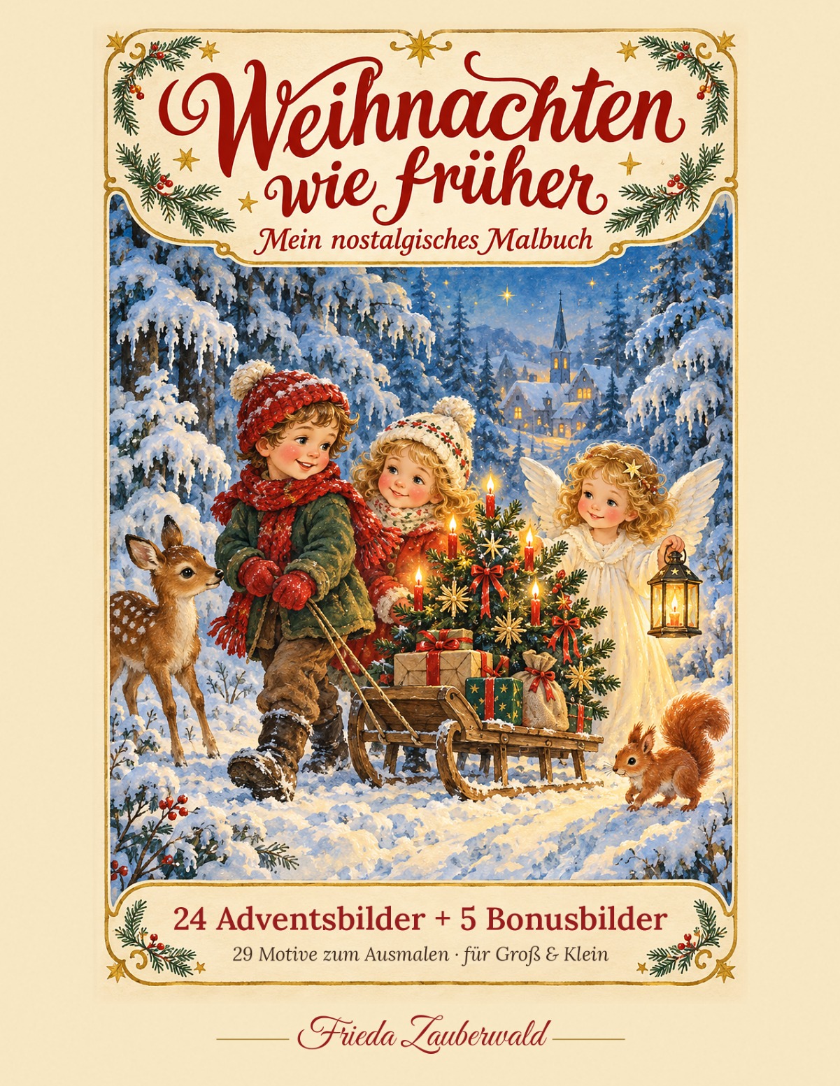 Originalcover: Weihnachten wie früher – Mein nostalgisches Malbuch von Frieda Zauberwald; Kinder, Engel und Waldtiere mit einem Weihnachtsbaum im verschneiten Wald