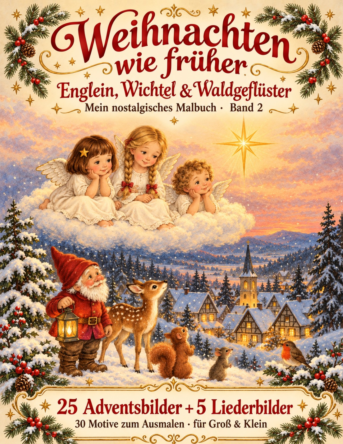 Weihnachten wie früher – Englein, Wichtel und Waldgeflüster, Band 2 von Frieda Zauberwald: drei Engel über einem Wichtel und Waldtieren in einer verschneiten Landschaft