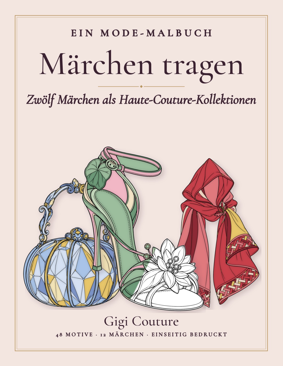 Märchen tragen von Gigi Couture: märchenhafte Schuhe, eine blaue Tasche und ein roter Umhang auf roséfarbenem Hintergrund