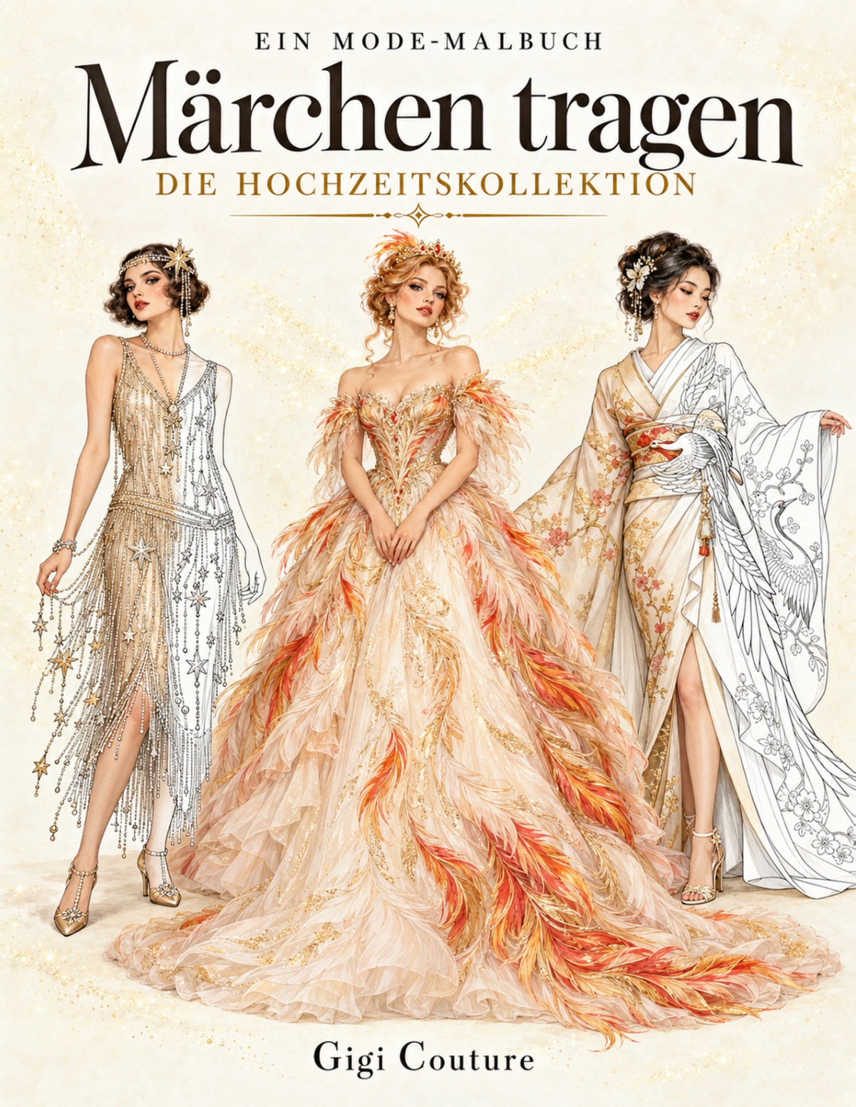 Originalcover: Märchen tragen – Die Hochzeitskollektion von Gigi Couture; drei märchenhafte Brautlooks in Weiß, Gold und Pfirsichfarben, teilweise als Zeichnung zum Ausmalen