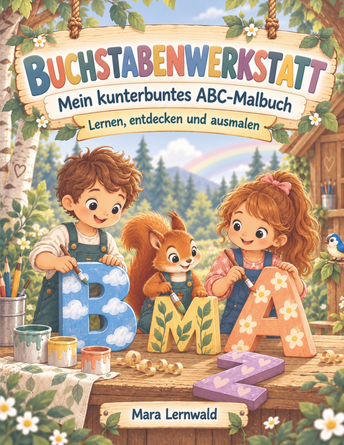Originalcover: Buchstabenwerkstatt von Mara Lernwald; zwei Kinder und ein Eichhörnchen mit bunten Buchstaben an einem Maltisch in einer Waldwerkstatt