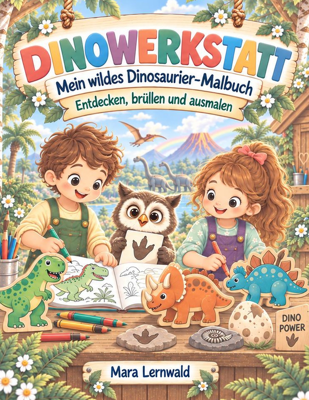 Dinowerkstatt von Mara Lernwald: zwei Kinder und eine Eule mit Dinosaurierfiguren, Fossilien und einem Dino-Malbild