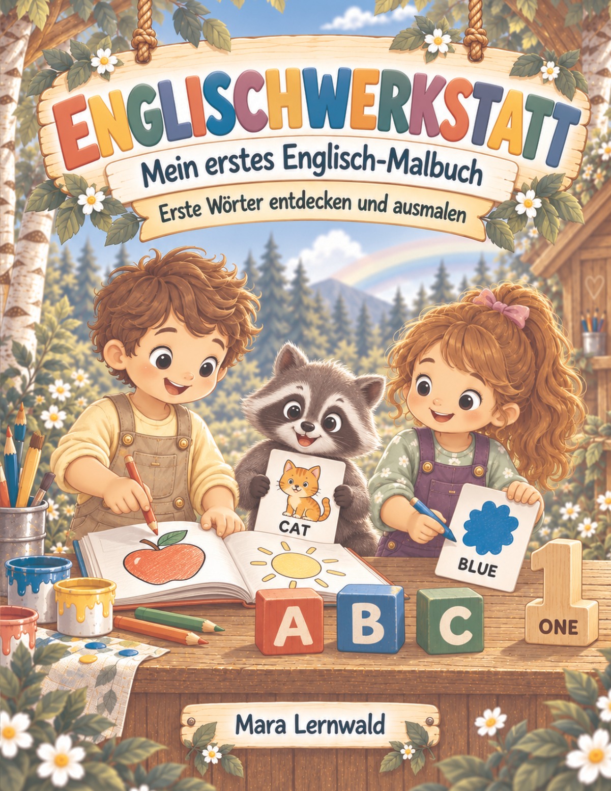 Englischwerkstatt von Mara Lernwald: Kinder und ein Waschbär mit englischen Wortkarten, einem Malbuch und bunten Buchstaben