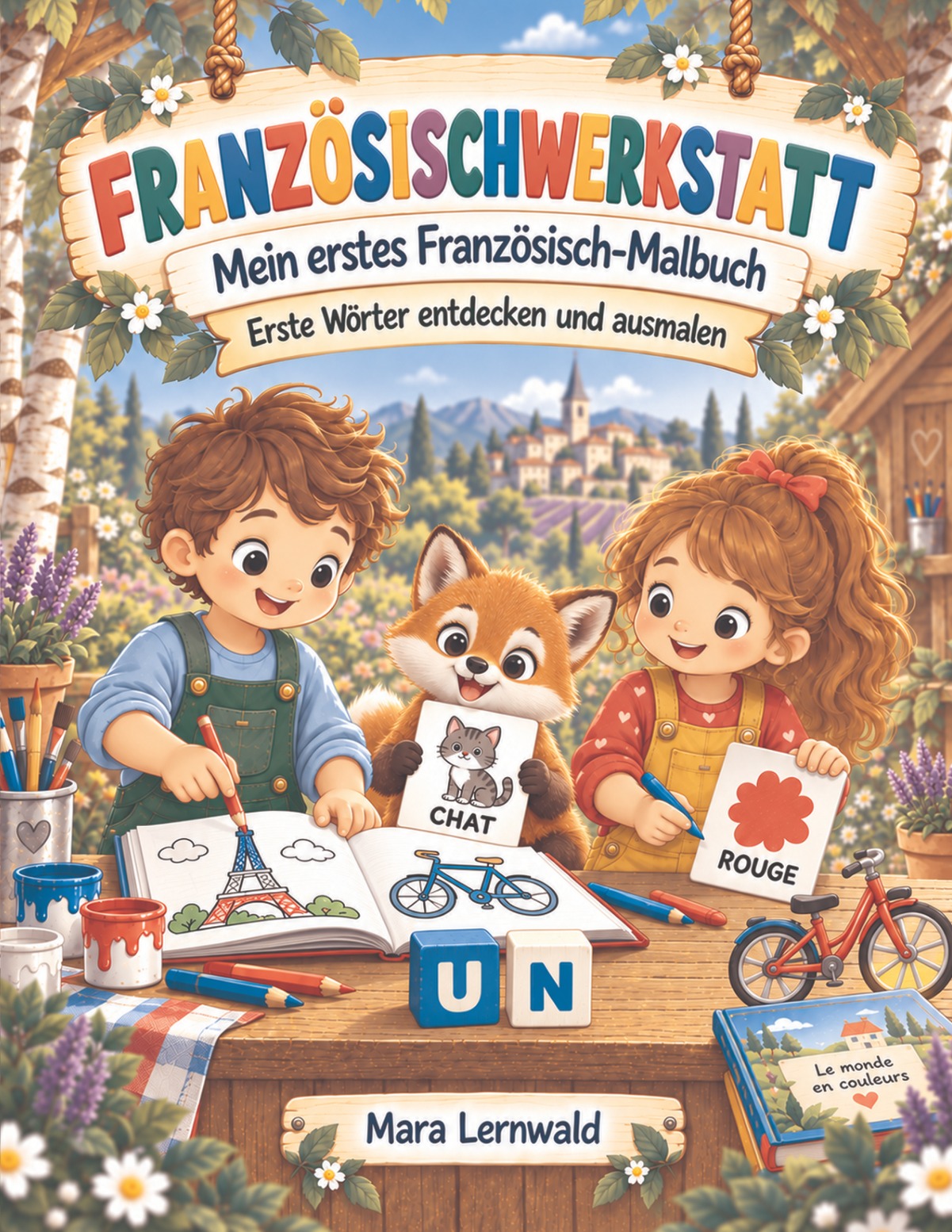 Französischwerkstatt von Mara Lernwald: Kinder und eine Katze mit französischen Wortkarten und einem Eiffelturm im Malbuch