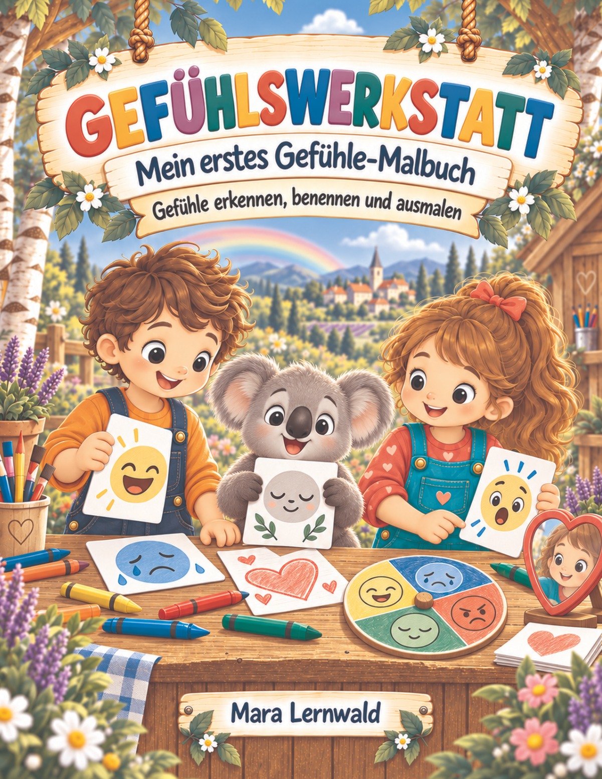 Gefühlswerkstatt von Mara Lernwald: Kinder und ein Koala mit Gefühlskarten, einem Spiegel und bunten Gesichtern