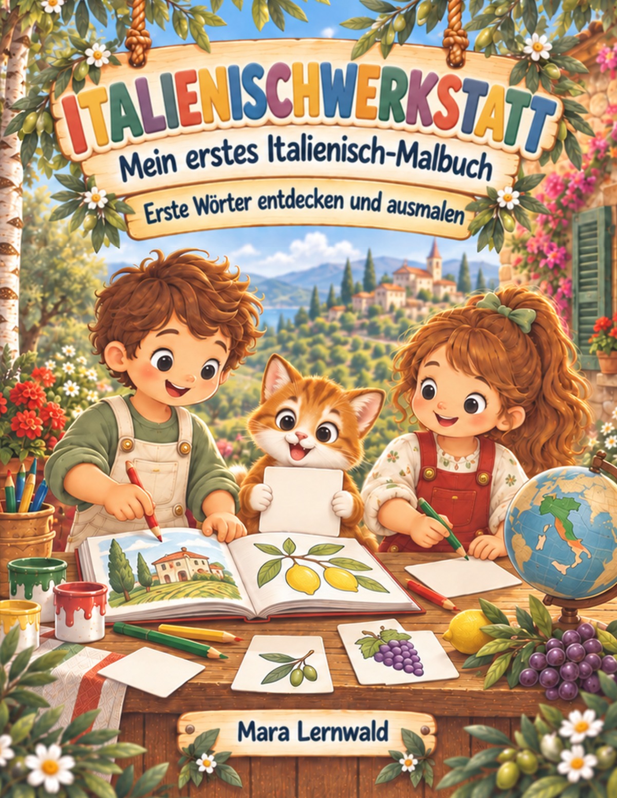 Italienischwerkstatt von Mara Lernwald: Kinder und eine Katze mit einem Malbuch, Obst und einer kleinen Weltkugel in der Waldwerkstatt
