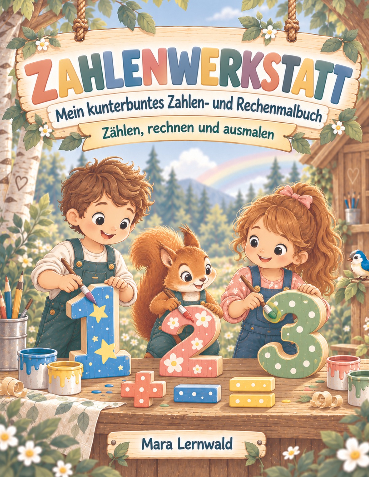 Zahlenwerkstatt von Mara Lernwald: Kinder und ein Eichhörnchen mit den bunten Zahlen eins, zwei und drei und Rechenzeichen